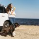 carros elétricos mulher com cachorro na praia encostada no carro